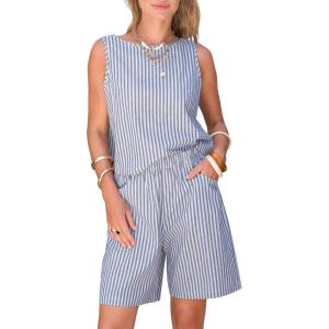 image:imageEXLURA Womens 100 Cotton 2 Piece Striped Outfits Sleeveless Tank Tops and Matching Bermuda Shorts 2026 Casual Beach VacationDeep Blue