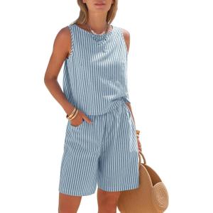 image:imageEXLURA Womens 100 Cotton 2 Piece Striped Outfits Sleeveless Tank Tops and Matching Bermuda Shorts 2026 Casual Beach VacationGrey Blue