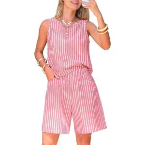 image:imageEXLURA Womens 100 Cotton 2 Piece Striped Outfits Sleeveless Tank Tops and Matching Bermuda Shorts 2026 Casual Beach VacationRed