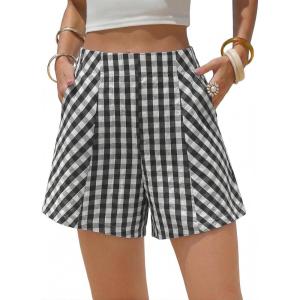 image:imageEXLURA Womens Cotton Boxer Shorts Faux Linen Gingham Shorts Summer High Waist Plaid Y2K Beach Bottoms Vacation Outfits 2026Black White Plaid