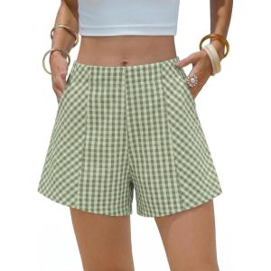 image:imageEXLURA Womens Cotton Boxer Shorts Faux Linen Gingham Shorts Summer High Waist Plaid Y2K Beach Bottoms Vacation Outfits 2026Green White Plaid