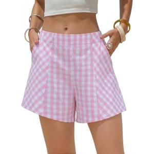 image:imageEXLURA Womens Cotton Boxer Shorts Faux Linen Gingham Shorts Summer High Waist Plaid Y2K Beach Bottoms Vacation Outfits 2026Pink White Plaid