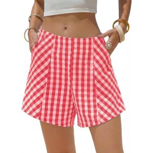 image:imageEXLURA Womens Cotton Boxer Shorts Faux Linen Gingham Shorts Summer High Waist Plaid Y2K Beach Bottoms Vacation Outfits 2026Red White Plaid