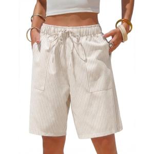 image:imageEXLURA Womens Striped Bermuda Shorts Casual Cotton Linen Shorts Elastic Drawstring Summer Beach Vacation Shorts PocketsBeige Stripe