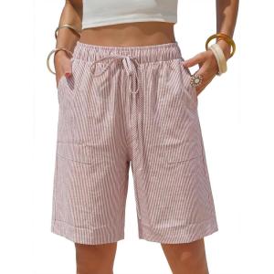 image:imageEXLURA Womens Striped Bermuda Shorts Casual Cotton Linen Shorts Elastic Drawstring Summer Beach Vacation Shorts PocketsRed Stripe