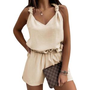 image:imageEXLURA Womens Summer 2 Piece Sets Sleeveless V Neck Knotted Tank Tops Shorts Matching Sets Vacation Cruise Beach Outfits 2026Apricot