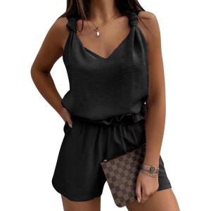 image:imageEXLURA Womens Summer 2 Piece Sets Sleeveless V Neck Knotted Tank Tops Shorts Matching Sets Vacation Cruise Beach Outfits 2026Black