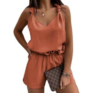 image:imageEXLURA Womens Summer 2 Piece Sets Sleeveless V Neck Knotted Tank Tops Shorts Matching Sets Vacation Cruise Beach Outfits 2026Caramel