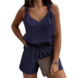 image:imageEXLURA Womens Summer 2 Piece Sets Sleeveless V Neck Knotted Tank Tops Shorts Matching Sets Vacation Cruise Beach Outfits 2026Navy Blue