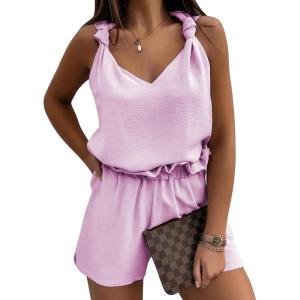 image:imageEXLURA Womens Summer 2 Piece Sets Sleeveless V Neck Knotted Tank Tops Shorts Matching Sets Vacation Cruise Beach Outfits 2026Pink