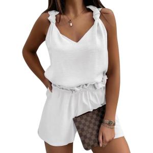 image:imageEXLURA Womens Summer 2 Piece Sets Sleeveless V Neck Knotted Tank Tops Shorts Matching Sets Vacation Cruise Beach Outfits 2026White