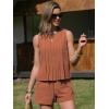 image:imageEXLURA Linen Sets for Women 2 Piece Sleeveless Pleated Babydoll Tops Casual Matching Short Set Summer Beach Vacation OutfitsCaramel