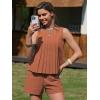 image:imageEXLURA Linen Sets for Women 2 Piece Sleeveless Pleated Babydoll Tops Casual Matching Short Set Summer Beach Vacation OutfitsCaramel