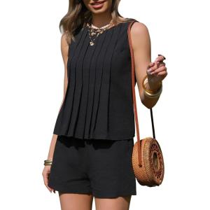 image:imageEXLURA Linen Sets for Women 2 Piece Sleeveless Pleated Babydoll Tops Casual Matching Short Set Summer Beach Vacation OutfitsBlack