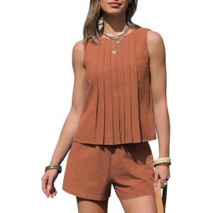 image:imageEXLURA Linen Sets for Women 2 Piece Sleeveless Pleated Babydoll Tops Casual Matching Short Set Summer Beach Vacation OutfitsCaramel
