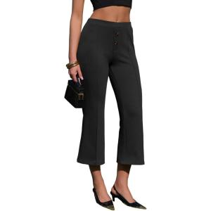 image:imageEXLURA Womens Stretchy Work Capri Pants Elastic Waist Business Casual Flare Cropped Trousers Cotton Yoga Leggings PocketsBlack