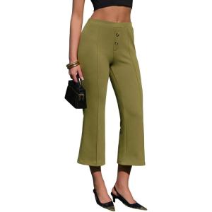 image:imageEXLURA Womens Stretchy Work Capri Pants Elastic Waist Business Casual Flare Cropped Trousers Cotton Yoga Leggings PocketsGreen