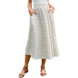 image:imageEXLURA Womens High Waist Polka Dot Pleated Skirt Midi Swing Skirt with Pockets White Floral