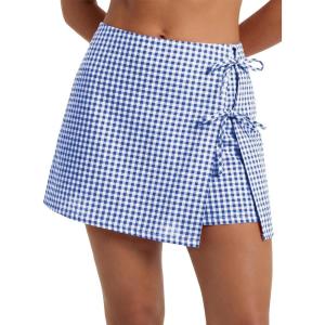 image:imageEXLURA Womens High Waisted Gingham Skort ALine Wrap Mini Skirt with Shorts Side Tie Cotton Plaid Skorts Summer Outfits 2026Blue