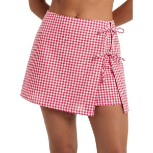 image:imageEXLURA Womens High Waisted Gingham Skort ALine Wrap Mini Skirt with Shorts Side Tie Cotton Plaid Skorts Summer Outfits 2026Red