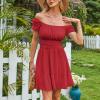 image:imageEXLURA Womens 2026 Summer Short Puff Sleeve Casual Short Mini Dresses Tie Back Square Neck ALine SundressRed