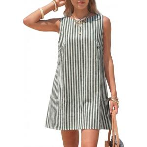 image:imageEXLURA Women Summer 100 Cotton Faux Linen Dresses Sleeveless Striped ALine Mini Sundress Beach Vacation Dress with PocketsGreen Stripe