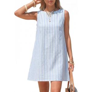 image:imageEXLURA Women Summer 100 Cotton Faux Linen Dresses Sleeveless Striped ALine Mini Sundress Beach Vacation Dress with PocketsLight Blue Stripe