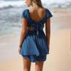 image:imageEXLURA Womens 2026 Summer Ruffle Short Sleeve Tie Back Romper Dress Square Neck A Line Cute Dressy Short JumpsuitsBlue