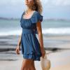 image:imageEXLURA Womens 2026 Summer Ruffle Short Sleeve Tie Back Romper Dress Square Neck A Line Cute Dressy Short JumpsuitsBlue