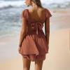 image:imageEXLURA Womens 2026 Summer Ruffle Short Sleeve Tie Back Romper Dress Square Neck A Line Cute Dressy Short JumpsuitsBrown