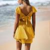 image:imageEXLURA Womens 2026 Summer Ruffle Short Sleeve Tie Back Romper Dress Square Neck A Line Cute Dressy Short JumpsuitsGinger Yellow