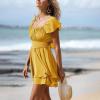 image:imageEXLURA Womens 2026 Summer Ruffle Short Sleeve Tie Back Romper Dress Square Neck A Line Cute Dressy Short JumpsuitsGinger Yellow