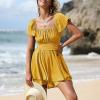 image:imageEXLURA Womens 2026 Summer Ruffle Short Sleeve Tie Back Romper Dress Square Neck A Line Cute Dressy Short JumpsuitsGinger Yellow