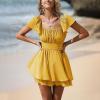 image:imageEXLURA Womens 2026 Summer Ruffle Short Sleeve Tie Back Romper Dress Square Neck A Line Cute Dressy Short JumpsuitsGinger Yellow