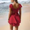 image:imageEXLURA Womens 2026 Summer Ruffle Short Sleeve Tie Back Romper Dress Square Neck A Line Cute Dressy Short JumpsuitsRed