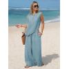 image:imageEXLURA Womens Summer Two Piece Sets Cotton Asymmetrical Tank Tops Wide Leg Pants Set Faux Linen Beach Vacation Cruise OutfitsDark Blue