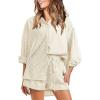 image:imageEXLURA Womens Cotton Summer 2 Piece Sets Long Sleeve Button Down Shirts Matching Short Sets Beach Vacation Cruise OutfitsKhaki