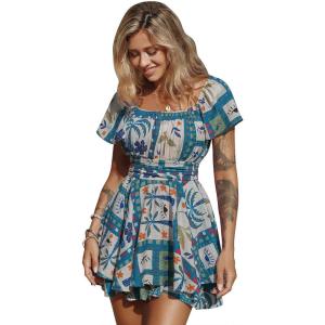 image:imageEXLURA Womens 2026 Summer Ruffle Short Sleeve Tie Back Romper Dress Square Neck A Line Cute Dressy Short JumpsuitsBlue Boho