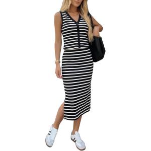 image:imageEXLURA Womens Cotton 2 Piece Skirt Set V Neck Faux Button Tank Tops Matching High Waist Midi Skirt Pockets Vacation OutfitsBlack White