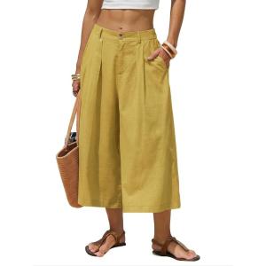 image:imageEXLURA Womens Cotton Linen Capri Pants Summer Wide Leg High Waist Casual Cropped Pant Palazzo with Pockets Beach Travel 2026Yellow