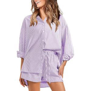 image:imageEXLURA Womens Cotton Summer 2 Piece Sets Long Sleeve Button Down Shirts Matching Short Sets Beach Vacation Cruise OutfitsDark Purple