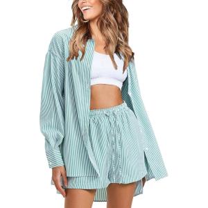 image:imageEXLURA Womens Cotton Summer 2 Piece Sets Long Sleeve Button Down Shirts Matching Short Sets Beach Vacation Cruise OutfitsGreen