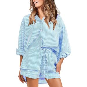 image:imageEXLURA Womens Cotton Summer 2 Piece Sets Long Sleeve Button Down Shirts Matching Short Sets Beach Vacation Cruise OutfitsLight Blue