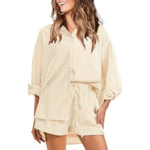 image:imageEXLURA Womens Cotton Summer 2 Piece Sets Long Sleeve Button Down Shirts Matching Short Sets Beach Vacation Cruise OutfitsOrange