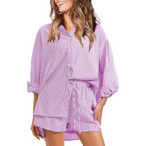 image:imageEXLURA Womens Cotton Summer 2 Piece Sets Long Sleeve Button Down Shirts Matching Short Sets Beach Vacation Cruise OutfitsRose Purple