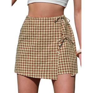 image:imageEXLURA Womens High Waisted Gingham Skort ALine Wrap Mini Skirt with Shorts Side Tie Cotton Plaid Skorts Summer Outfits 2026Brown