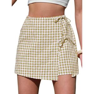 image:imageEXLURA Womens High Waisted Gingham Skort ALine Wrap Mini Skirt with Shorts Side Tie Cotton Plaid Skorts Summer Outfits 2026Khaki