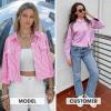 image:imageEXLURA Womens 100 Cotton Striped Cropped Button Down Shirt Long Sleeve Blouse Summer Casual Collared Crop Tops with PocketsPink
