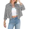 image:imageEXLURA Womens 100 Cotton Striped Cropped Button Down Shirt Long Sleeve Blouse Summer Casual Collared Crop Tops with PocketsBlack
