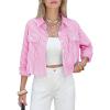 image:imageEXLURA Womens 100 Cotton Striped Cropped Button Down Shirt Long Sleeve Blouse Summer Casual Collared Crop Tops with PocketsPink